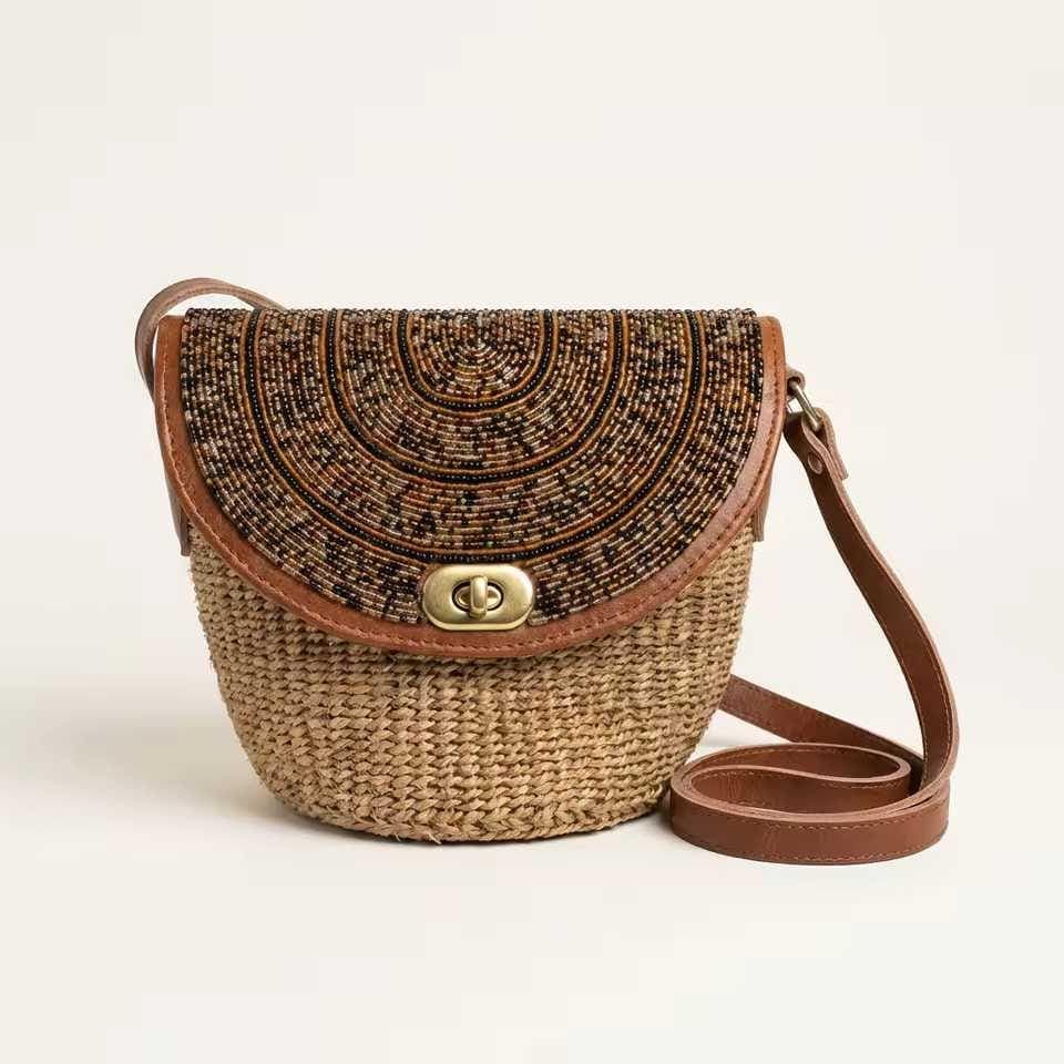 Sac Cuir Perlé et Sisal Masai  Artisanat Authentique