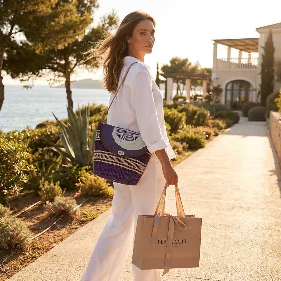 Sac Grand Format Cuir Perlé et Sisal Masai  Artisanat Authentique