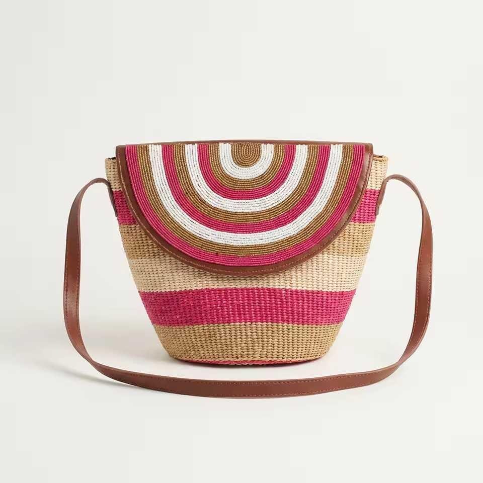 Sac Moyen Format Cuir Perlé et Sisal Masai  Artisanat Authentique