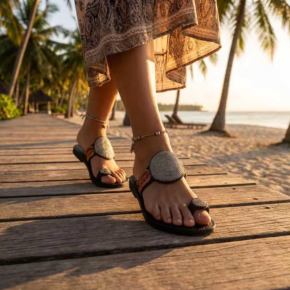 Sandale Masaï « Duara »  Tong cuir noir médaillons spirales blancs & perles multicolores | Perlacuir