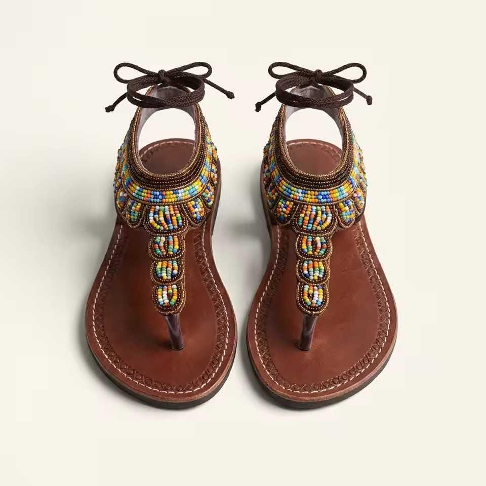 Sandales Cuir Perlées Masai Femme  Artisanat Fait Main Authentique