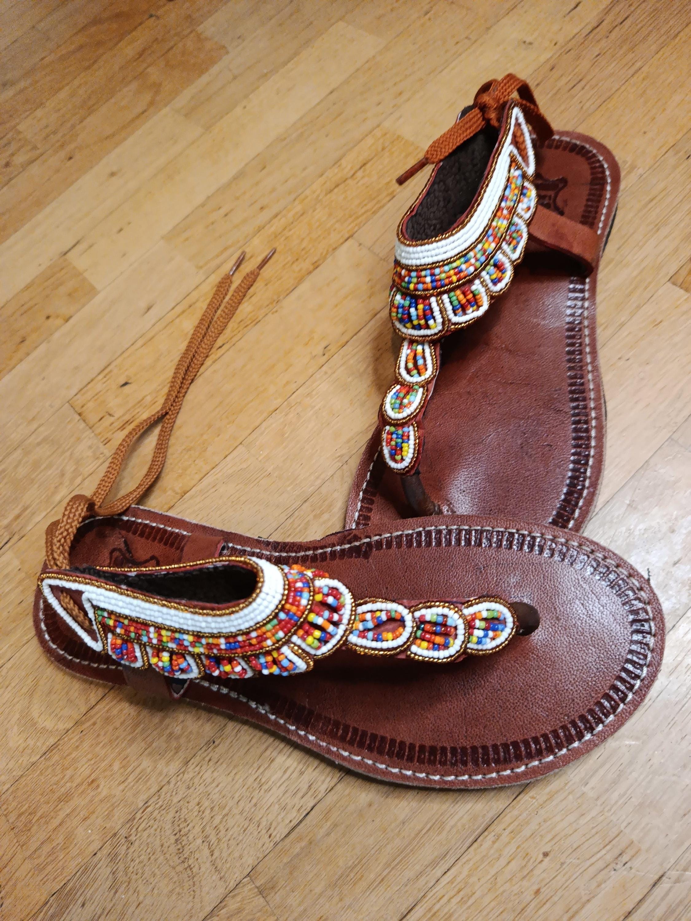 Sandales Cuir Perlées Masai Femme  Artisanat Fait Main Authentique