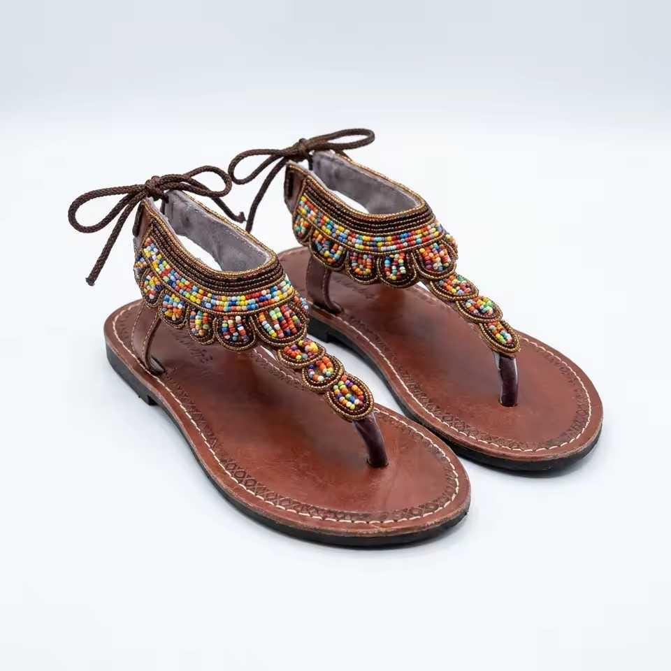 Sandales Cuir Perlées Masai Femme  Artisanat Fait Main Authentique