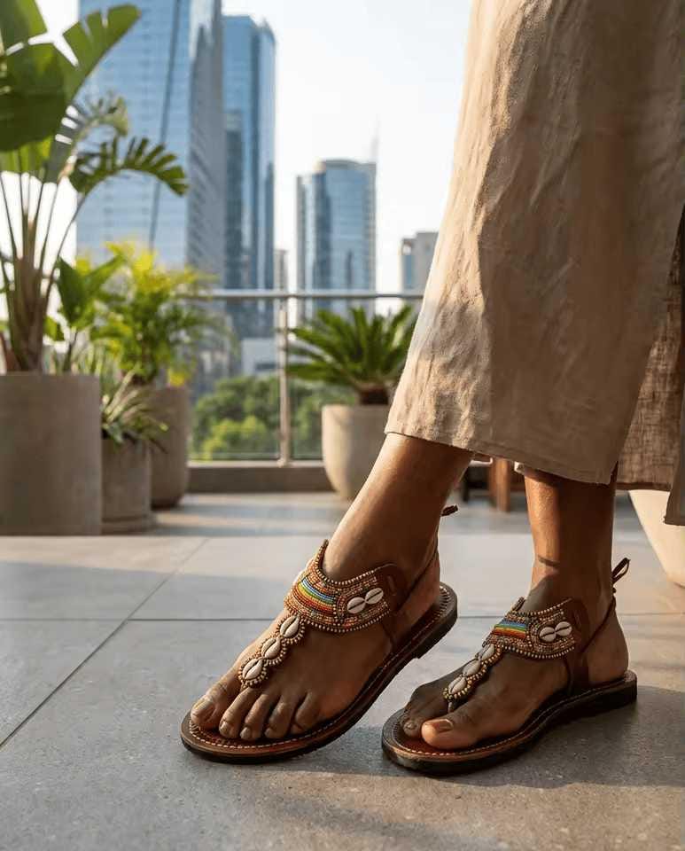 Sandales Cuir Perles et Cauris Masai Femme  Artisanat Unique