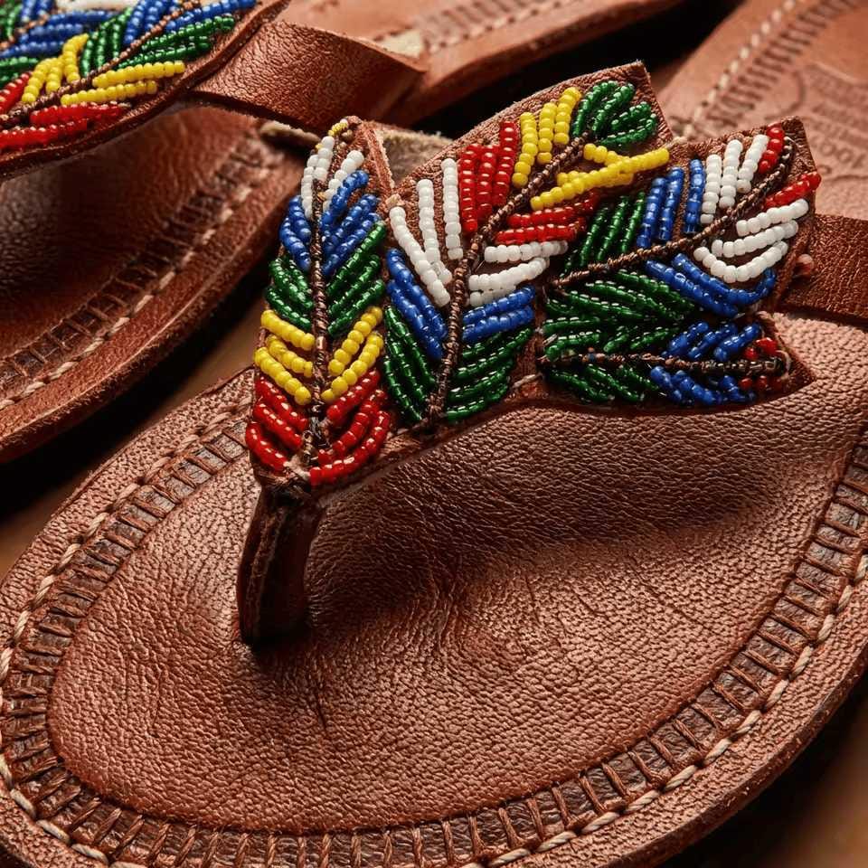Sandales Cuir Perlées Masai Femme  Artisanat Fait Main Authentique