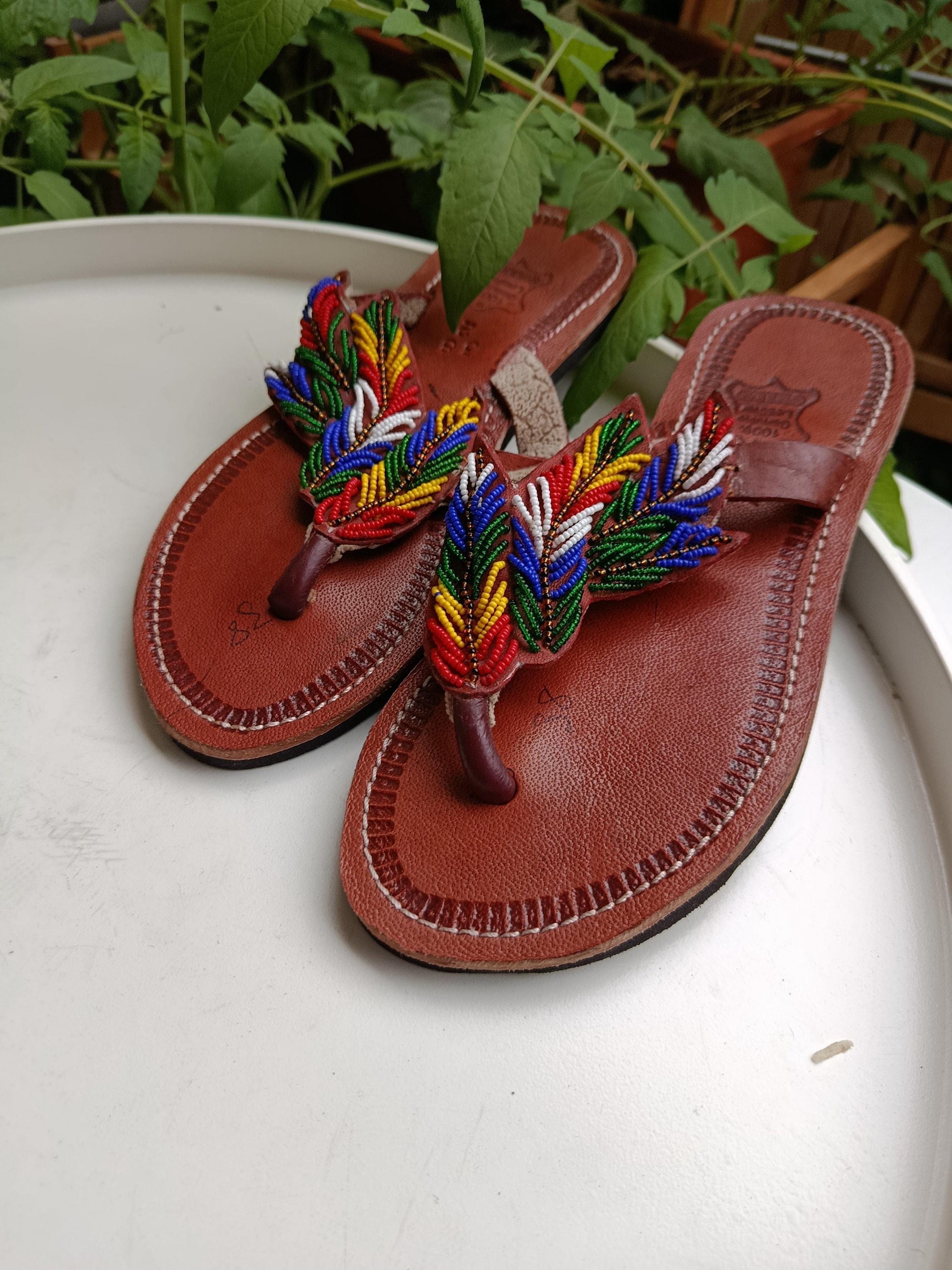Sandales Cuir Perlées Masai Femme  Artisanat Fait Main Authentique
