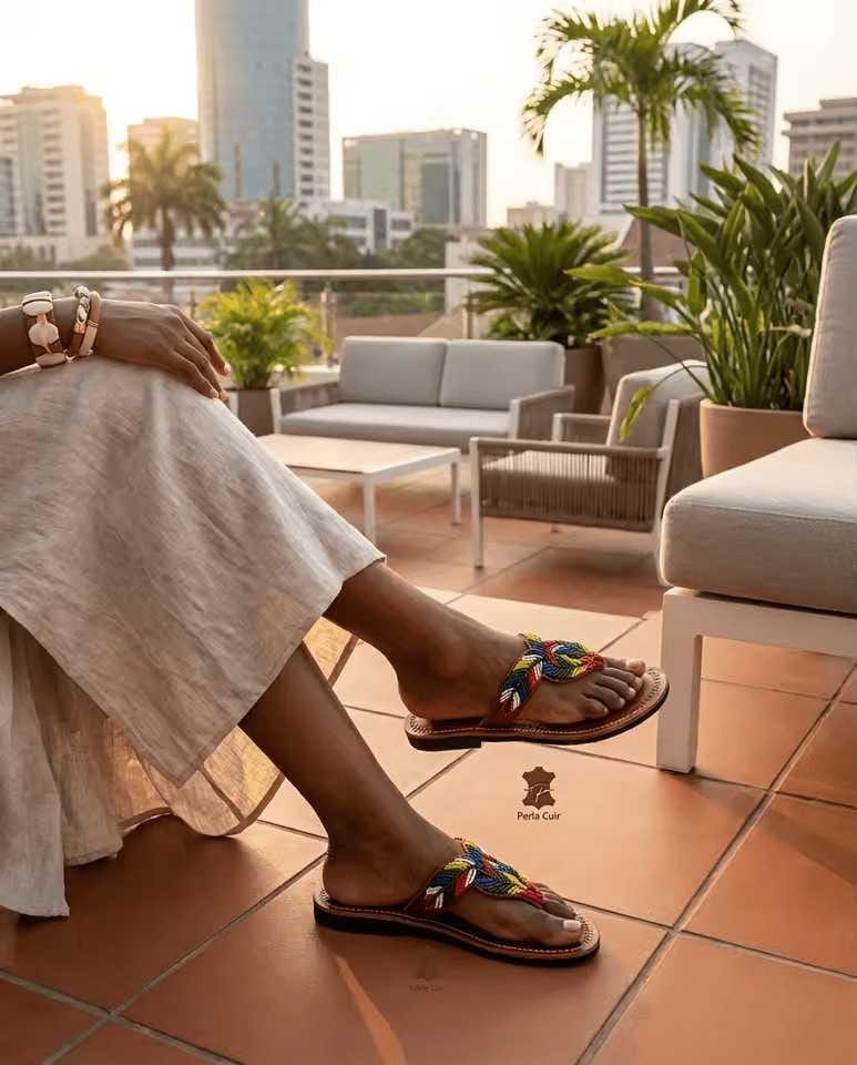 Sandales Cuir Perlées Masai Femme  Artisanat Fait Main Authentique