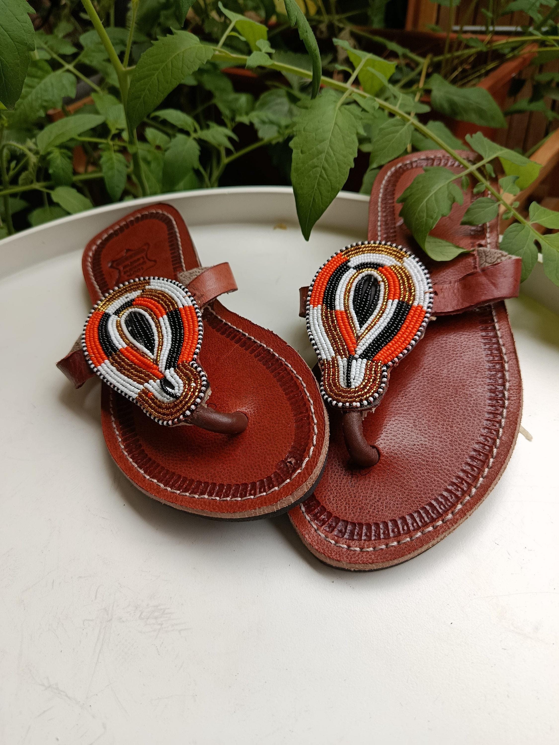 Sandales Cuir Perlées Masai Femme  Artisanat Fait Main Authentique