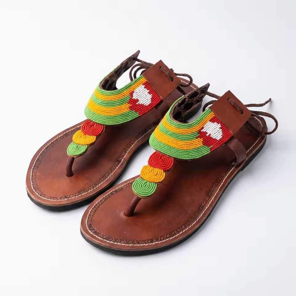 Sandales Cuir Perlées Masai Femme  Artisanat Fait Main Authentique