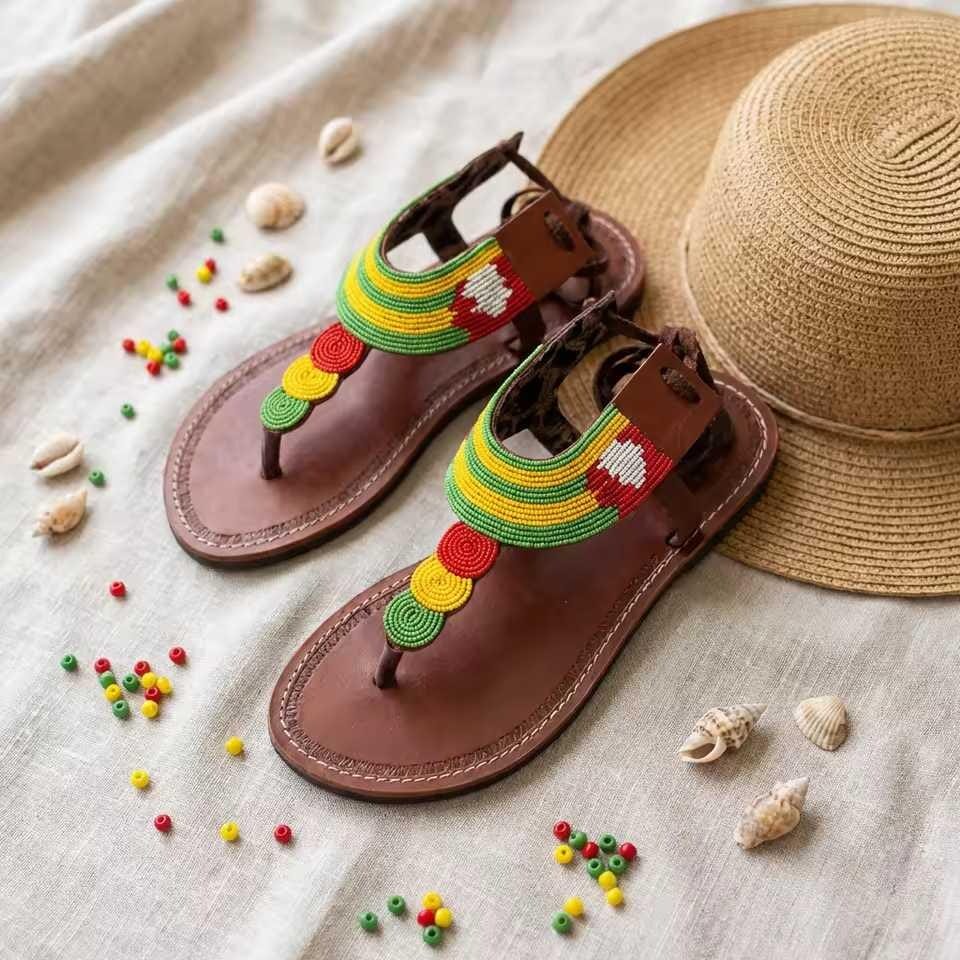 Sandales Cuir Perlées Masai Femme  Artisanat Fait Main Authentique