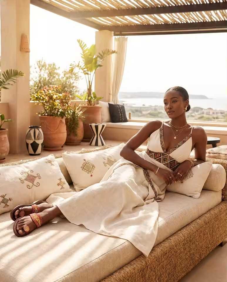 Sandale Masaï « Zara »  Tong cuir marron perles multicolores | Perlacuir