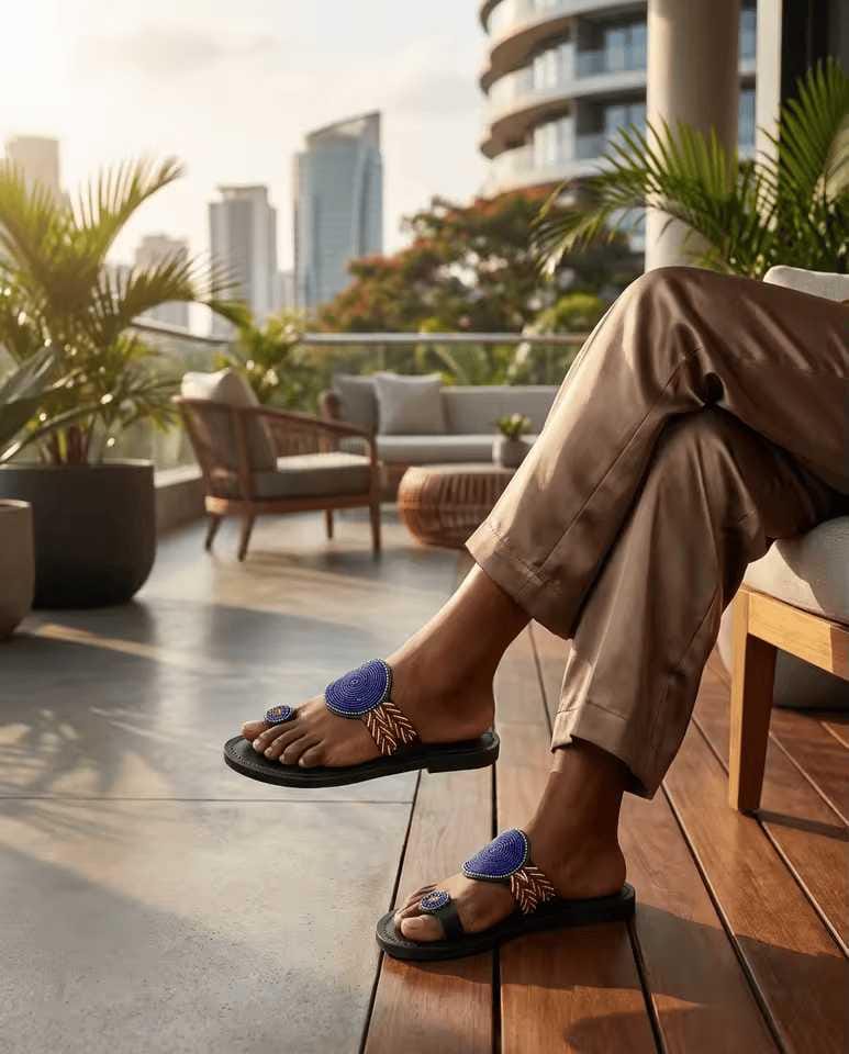 Duara Noir  Tong cuir noir médaillon bleu Masaï | Perlacuir
