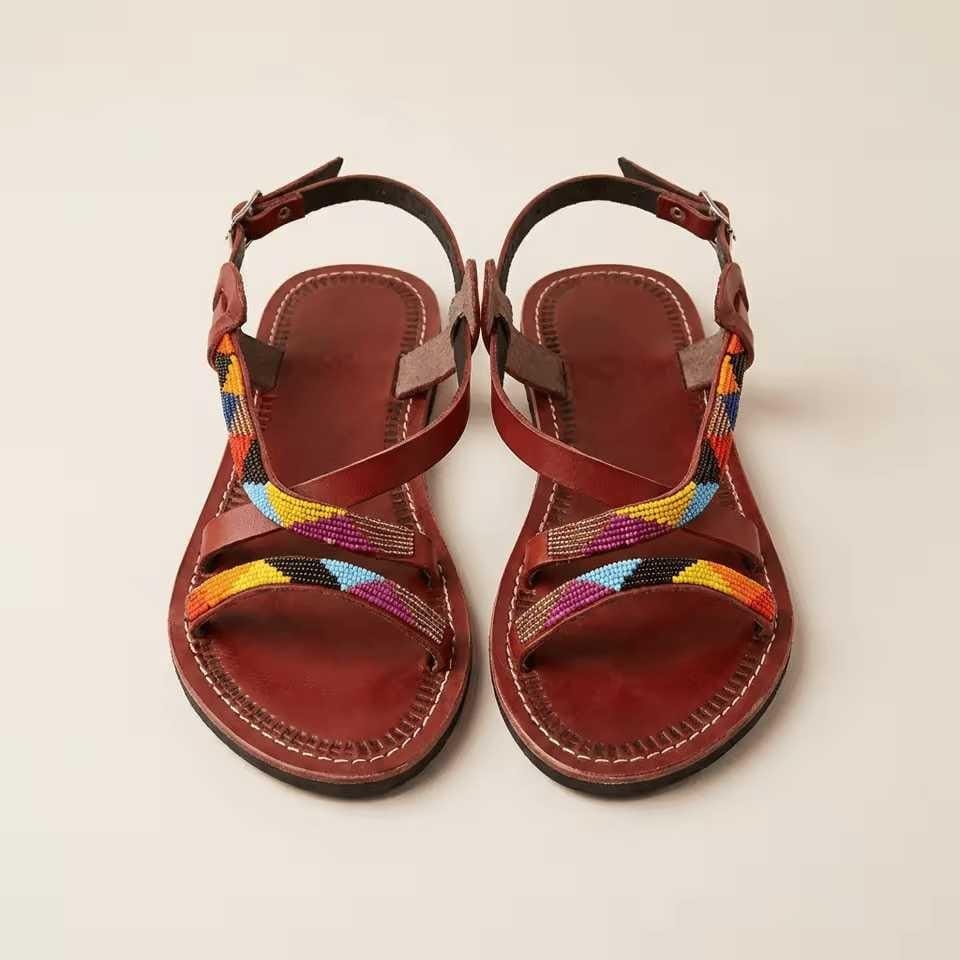 Sandales Cuir Perlées Masai Femme  Artisanat Fait Main Authentique