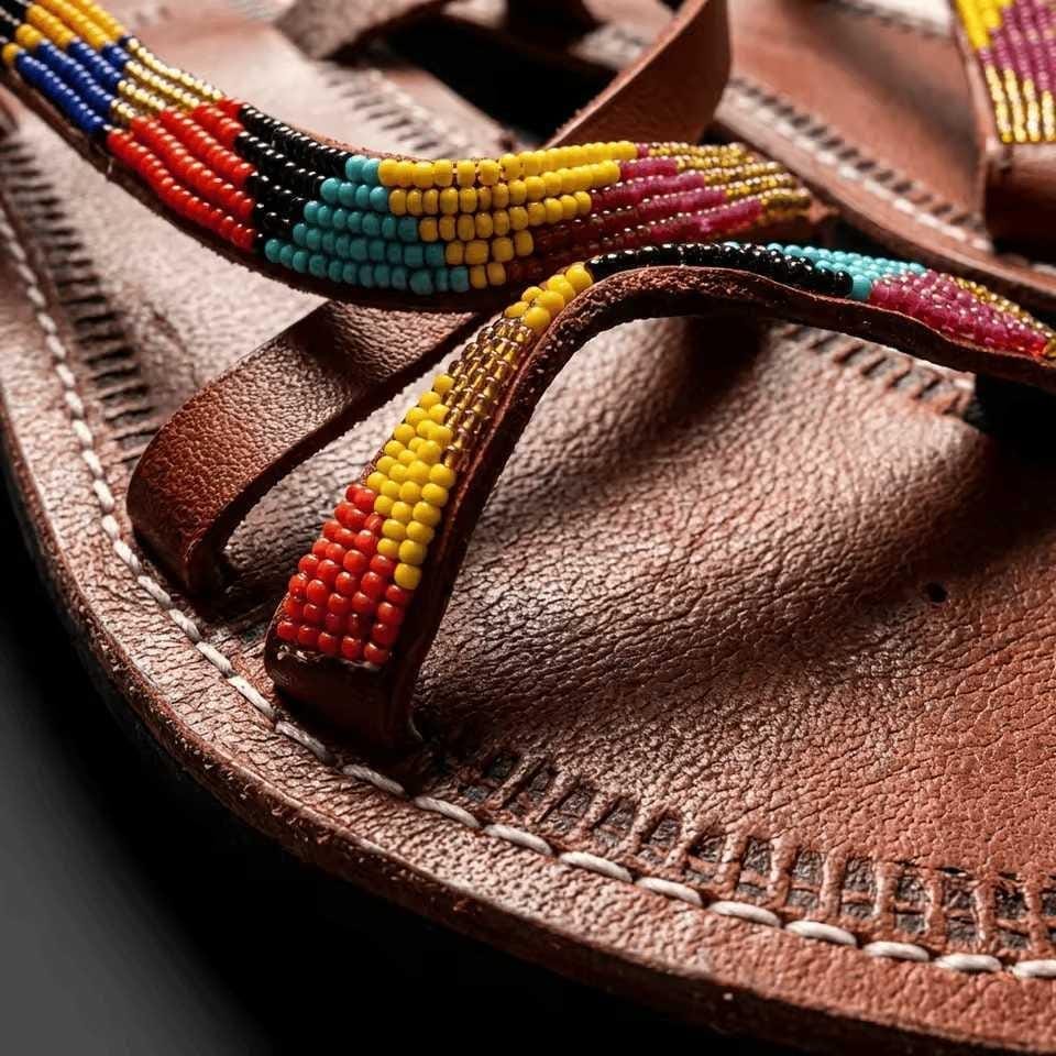 Sandales Cuir Perlées Masai Femme  Artisanat Fait Main Authentique