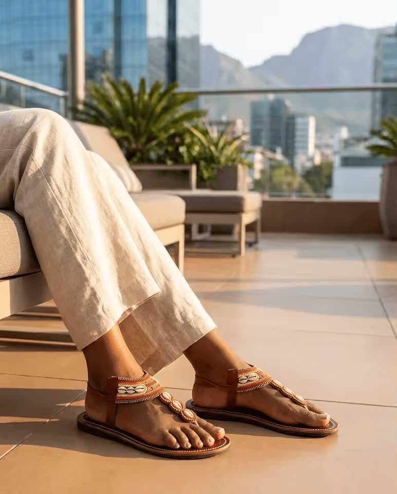 Kauri Safi  Sandale cuir camel bande cauris & perles ivoire élégante