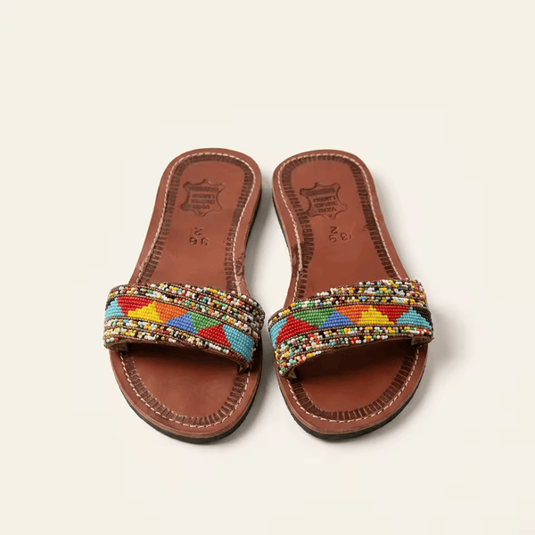 Sandale Masaï « Amani » – Mule cuir marron bande perles multicolores