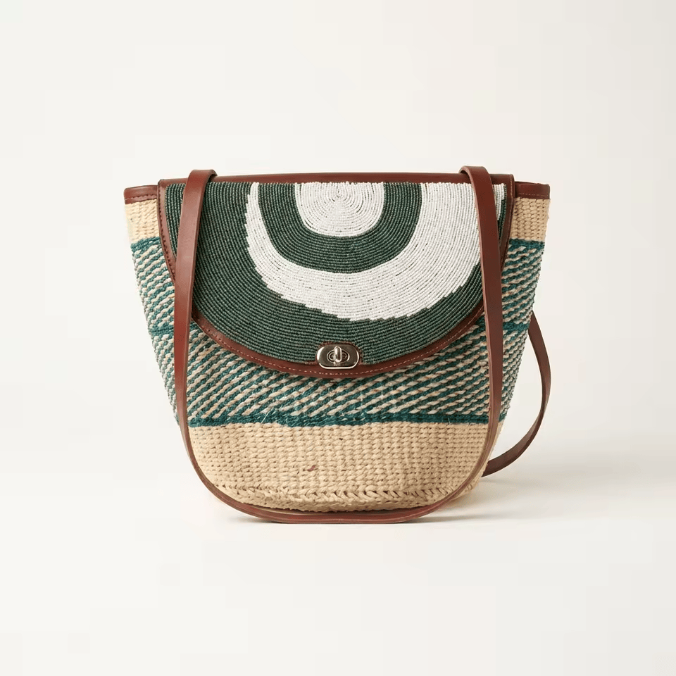 Msitu Mzuri – Grand cabas sisal spirale vert & blanc | Perlacuir