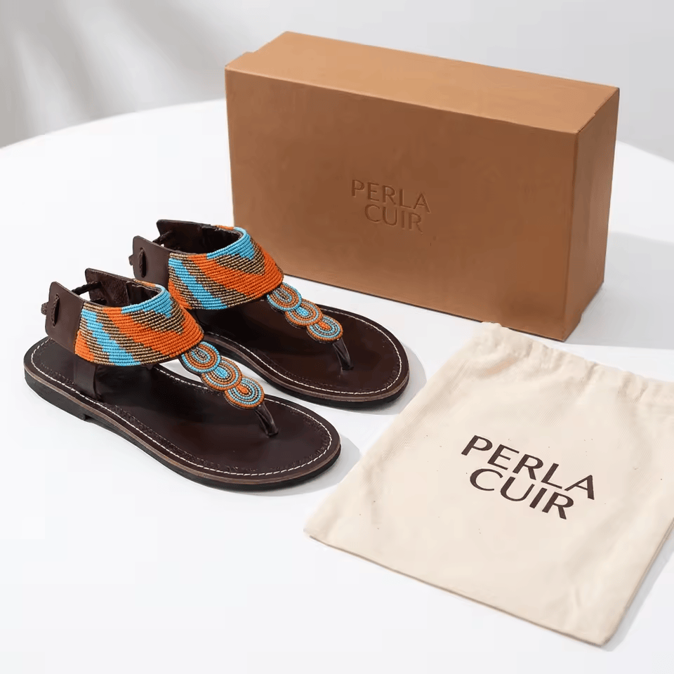 Sandale Masaï « Safi » – Tong cuir perles Masaï pure & élégante | Perlacuir