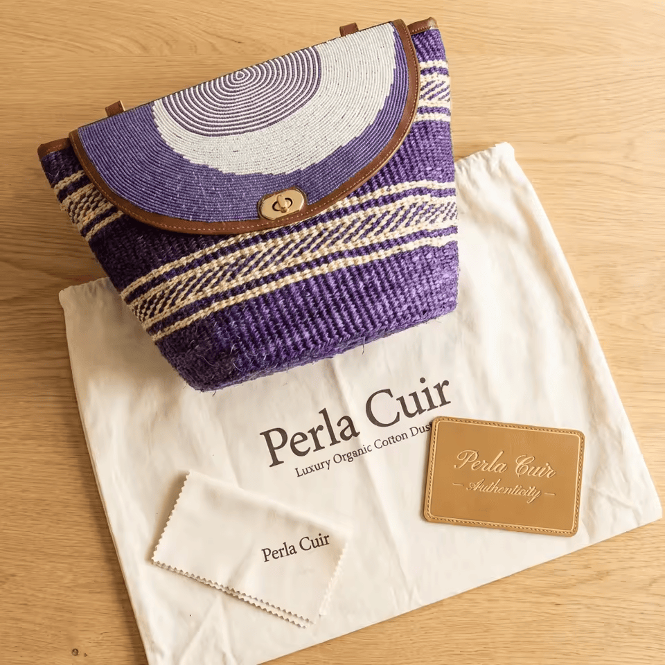Bahari Kubwa – Grand sac seau sisal violet & cuir | Perlacuir