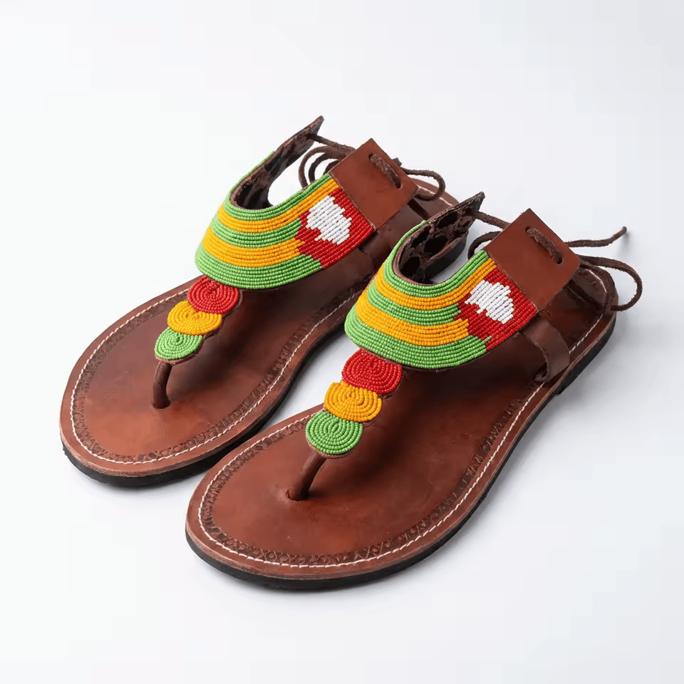 Bendera – Sandale cuir lacets perles Masaï panafricaines | Perlacuir