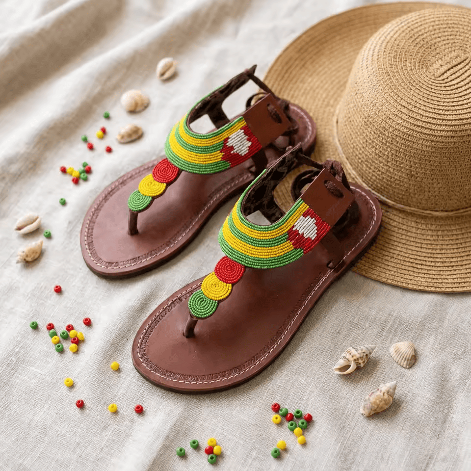 Bendera – Sandale cuir lacets perles Masaï panafricaines | Perlacuir