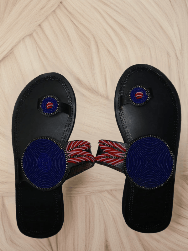 Duara Noir – Tong cuir noir médaillon bleu Masaï