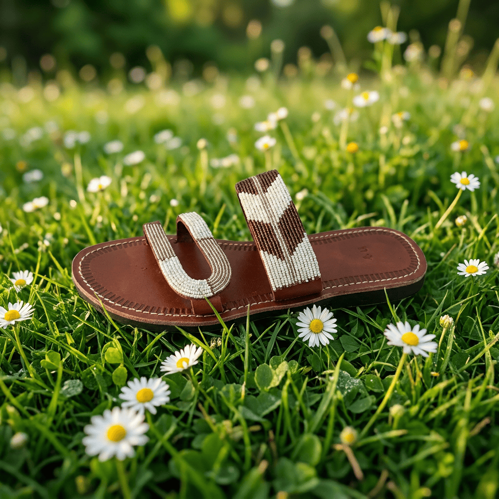 Sandale Masaï – Mule cuir rouge brique perles | Perlacuir