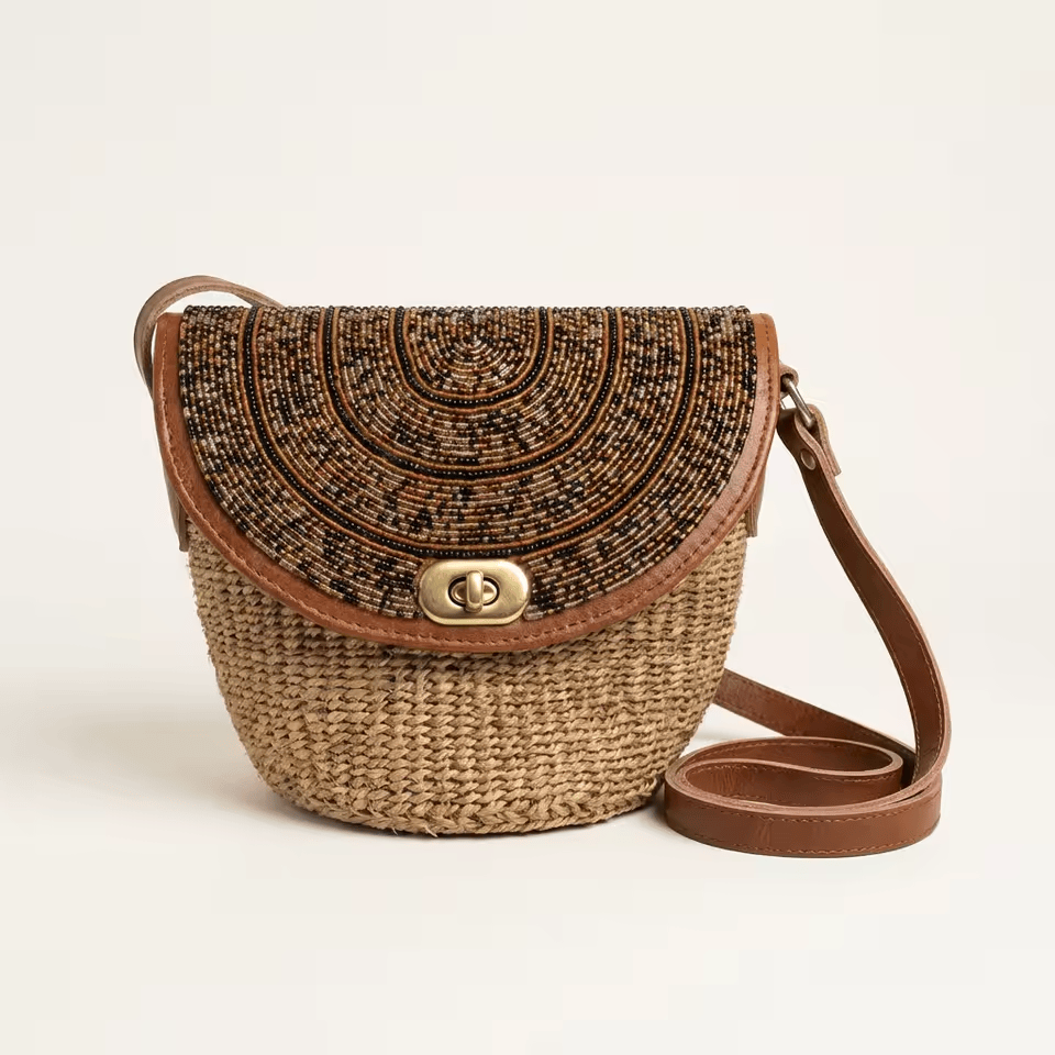 Kikapu – Sac sisal & cuir rabat perles mandala doré | Perlacuir