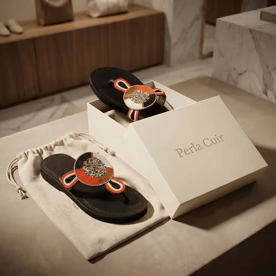 Sandale Masaï « Kilima » – Tong plateforme cuir noir perles multicolores | Perlacuir