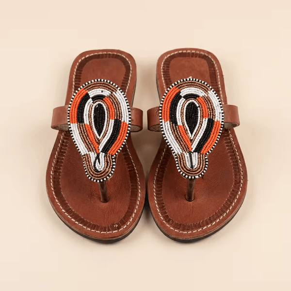 Jicho – Tong cuir bordeaux médaillon ovale perles Masaï