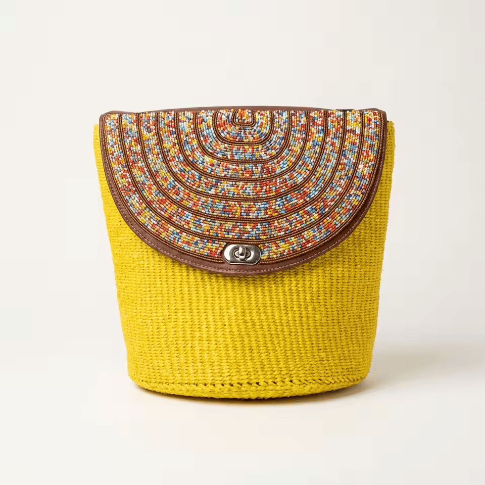 Njano – Grand sac cabas jaune sisal & cuir spirale perles Masaï | Perlacuir