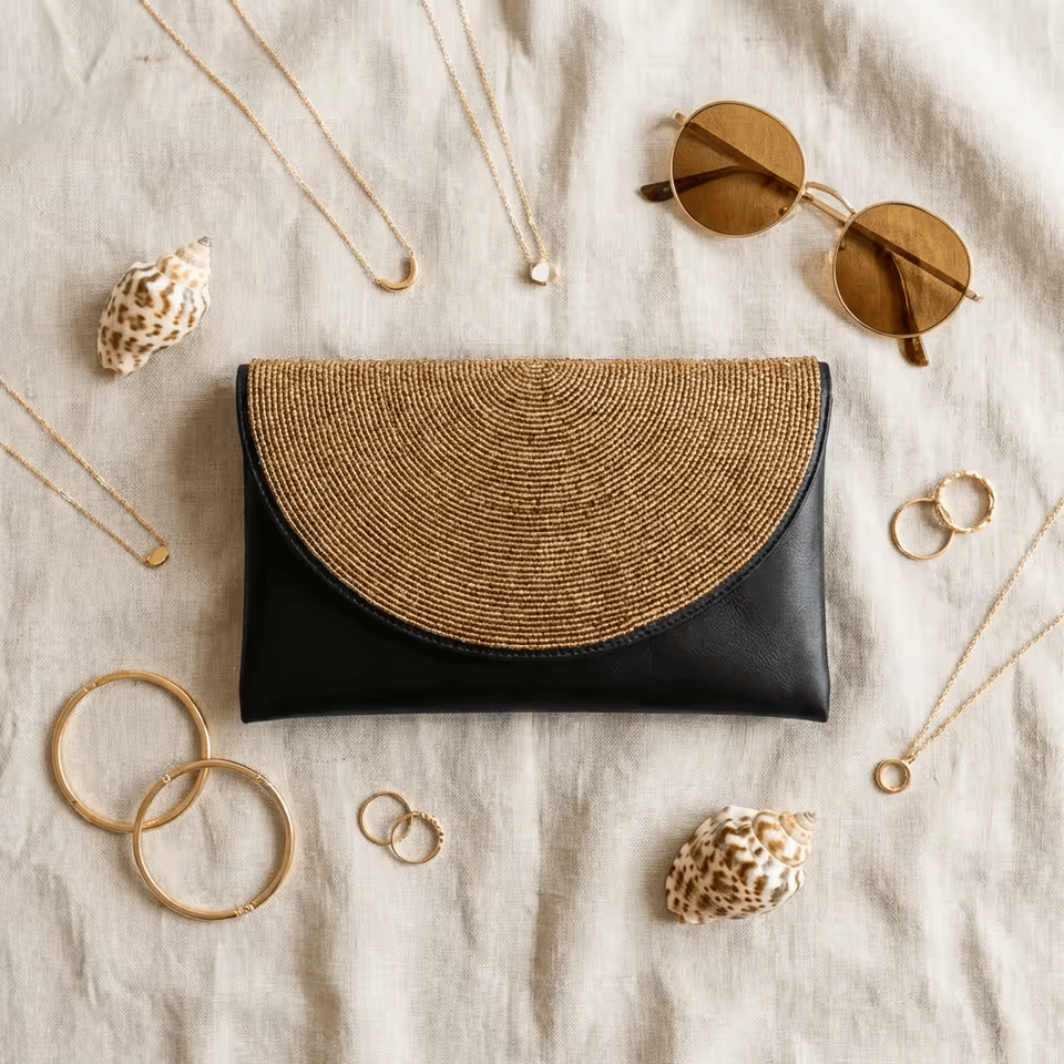 Usiku wa Dhahabu – Pochette clutch cuir noir rabat perles dorées | Perlacuir