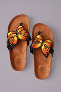 Sandale Masaï « Kipepeo » – Tong cuir camel grand papillon perles orange & jaune