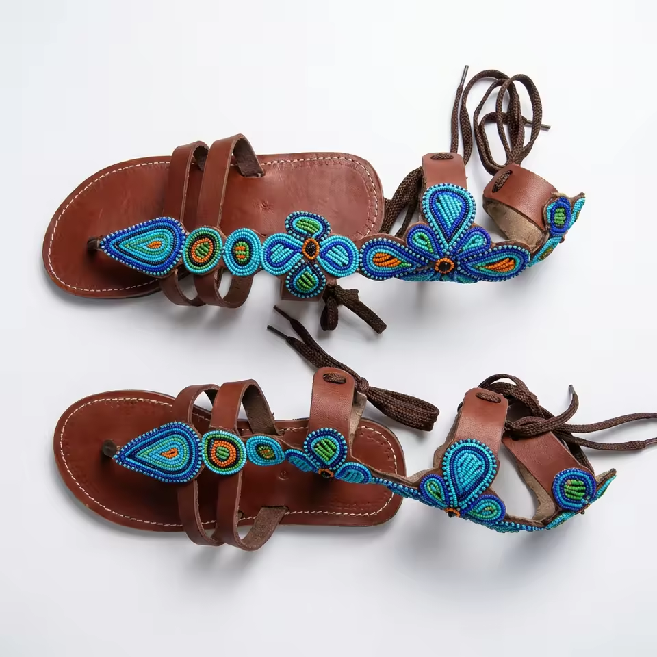 Sandales Cuir Perlées Masai Femme – Artisanat Fait Main Authentique