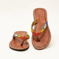 Mistari – Tong cuir camel fine bande perles Masaï multicolores | Perlacuir