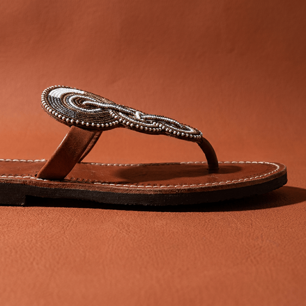 Sandale Masaï « Asante » – Mule cuir rouge brique perles | Perlacuir