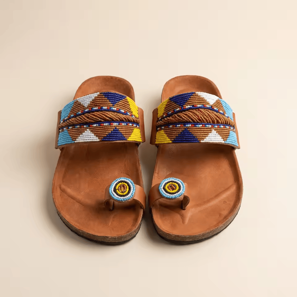 Rangi – Mule cuir marron bande perles Masaï multicolores | Perlacuir