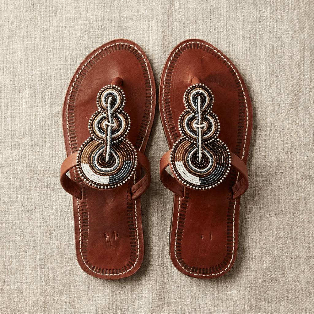Sandale Masaï « Asante » – Mule cuir rouge brique perles | Perlacuir