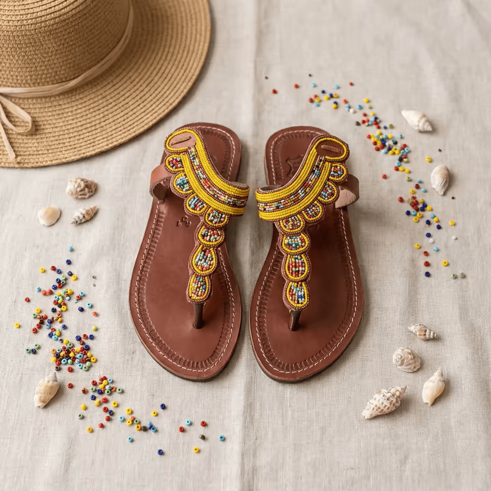Msururu – Sandale cuir perles Masaï lanières cheville | Perlacuir