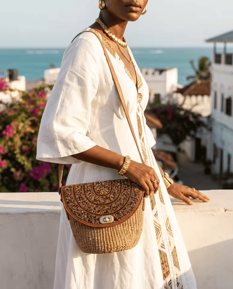 Kikapu – Sac sisal & cuir rabat perles mandala doré | Perlacuir