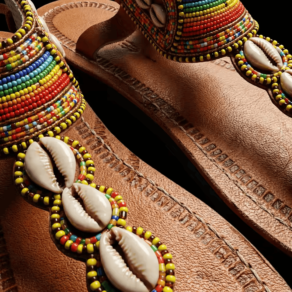 Sandale Masaï « Tunu » – Tong cuir perles & cauris trésor Masaï | Perlacuir
