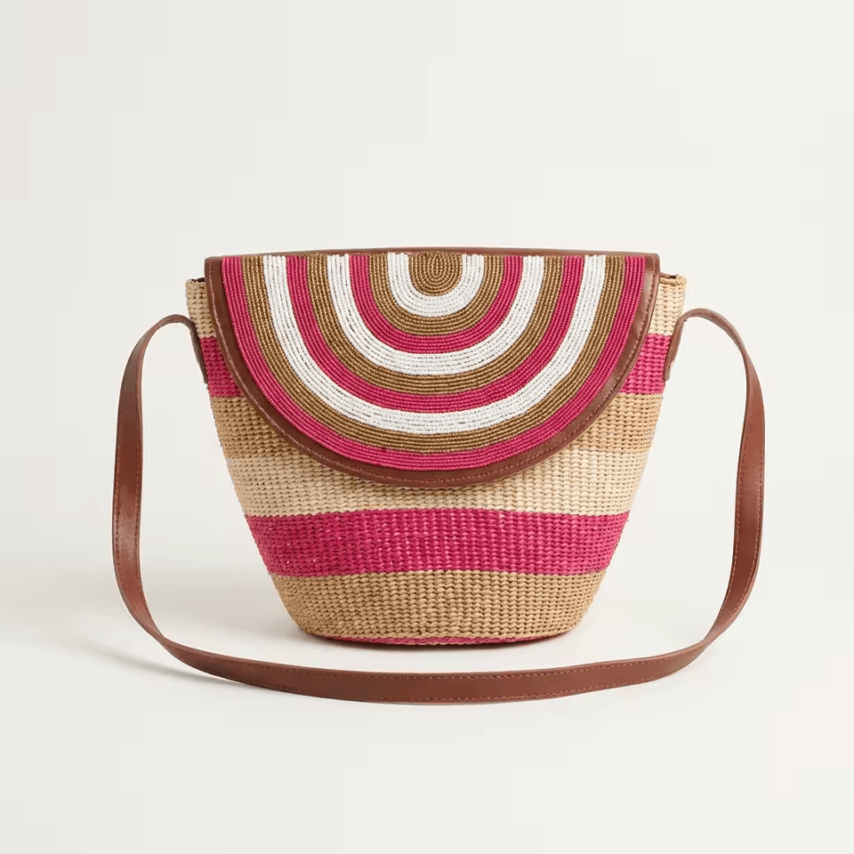 Duara Nyekundu – Sac seau sisal rayé rouge & spirale concentrique | Perlacuir