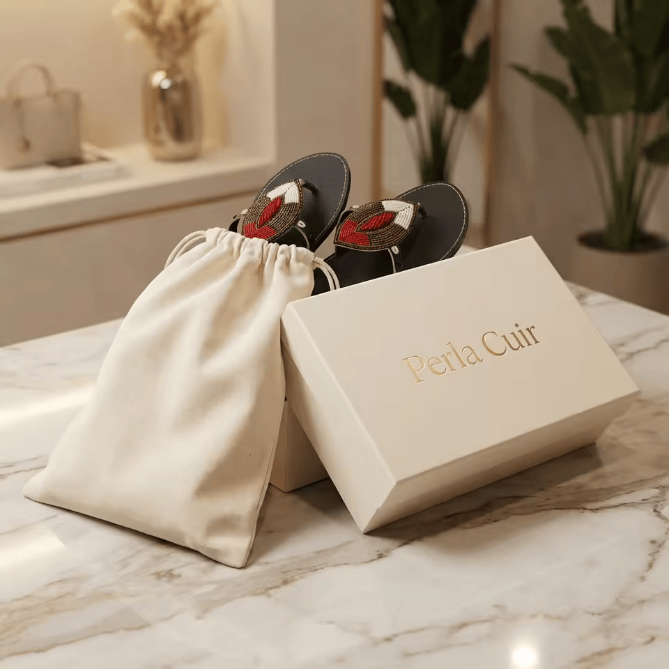 Sandale Masaï « Usiku Moto » – Tong cuir noir perles noir, rouge & blanc | Perlacuir