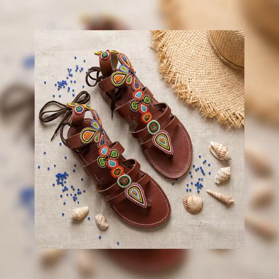 Sandales Cuir Perlées Masai Femme – Artisanat Fait Main Authentique