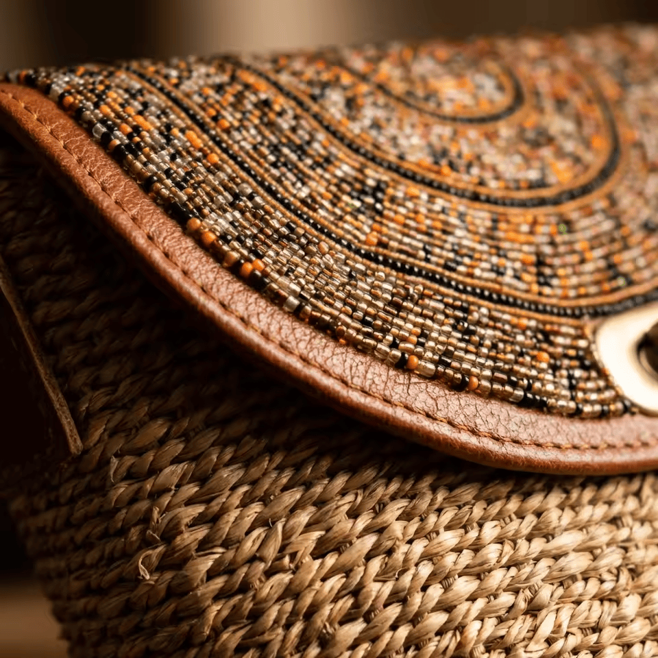 Kikapu – Sac sisal & cuir rabat perles mandala doré | Perlacuir