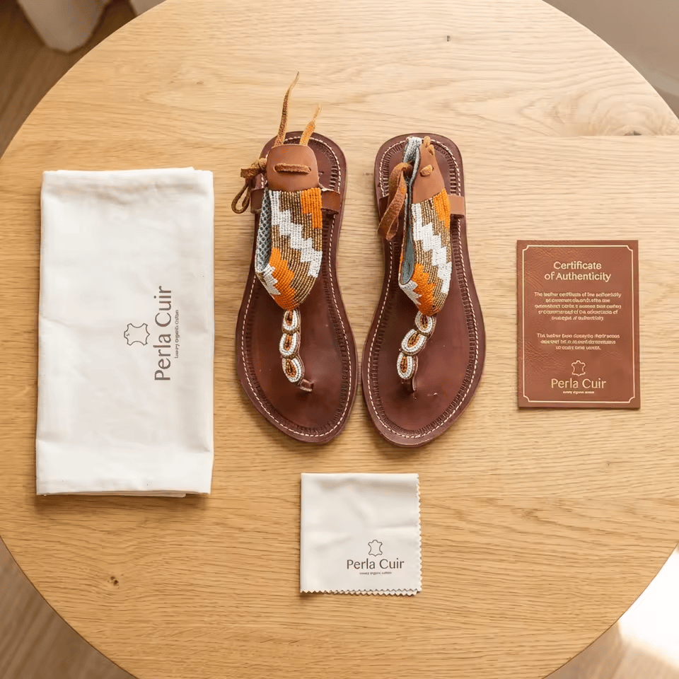 Zawadi – Sandale cuir cognac perles Masaï & lanière | Perlacuir