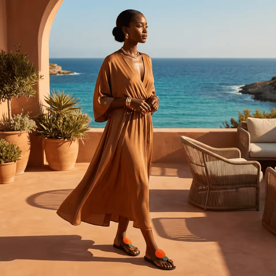 Sandale Masaï « Jua » – Tong cuir noir perles multicolores dominante orange | Perlacuir