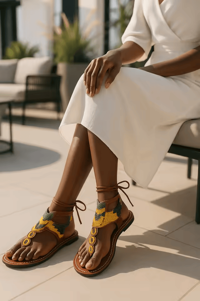 Sandale Masaï « Msitu » – Sandales cuir marron perles géométriques vert & jaune & lanières cheville