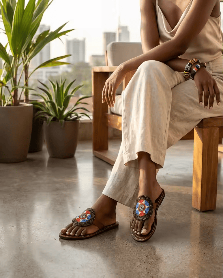 Sandale Masaï « Imara » – Tong cuir perles Masaï artisanale | Perlacuir