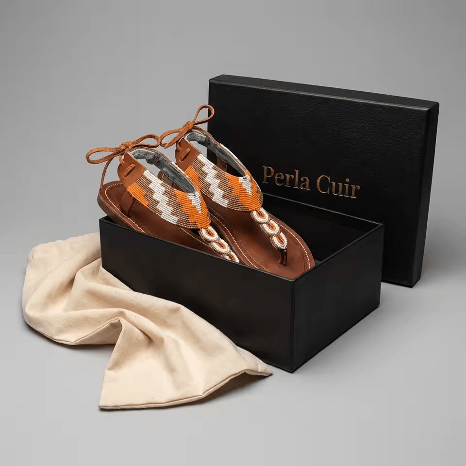 Zawadi – Sandale cuir cognac perles Masaï & lanière | Perlacuir